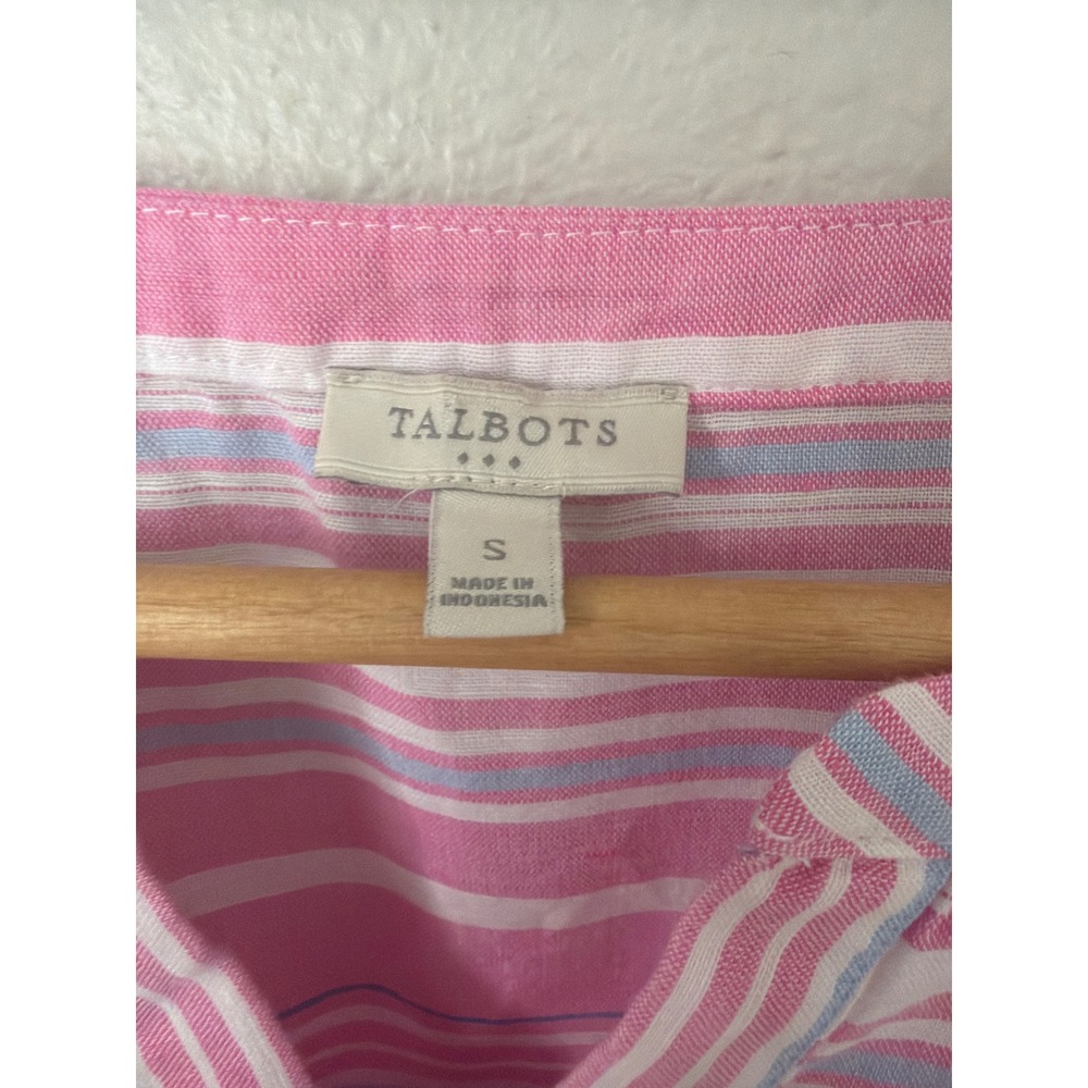 Talbots Womens Small Pink White Striped Linen Blend V-Neck Short Sleeve Blouse - Picture 2 of 5